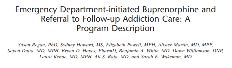 We found having OUD
addressed during an ED encounter (through buprenorphine initiation or referral to Bridge Clinic) was associated with a greater likelihood of subsequent treatment engagement pubmed.ncbi.nlm.nih.gov/34145185/ <a href="/DrSarahWakeman/">Sarah Wakeman</a> <a href="/AliRaja_MD/">Ali S. Raja, MD</a> <a href="/AlisterFMartin/">Alister Martin</a> <a href="/drlaurakehoe/">Laura Kehoe</a>