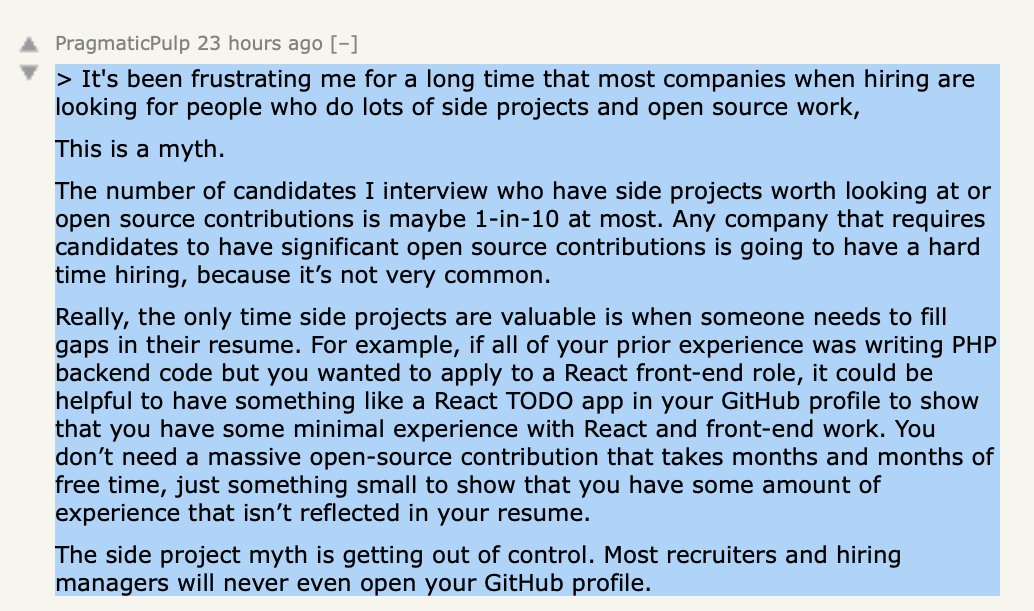 flaviocopes's tweet image. "The number of candidates I interview who have side projects worth looking at or open source contributions is maybe 1-in-10 at most"