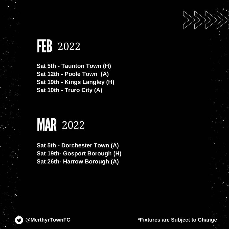 MerthyrTownFC's tweet photo. 🗓 Our 𝟮𝟬𝟮𝟭/𝟮𝟮 𝗳𝗶𝘅𝘁𝘂𝗿𝗲𝘀 are in!

👀 Some exciting games to look forward too!
