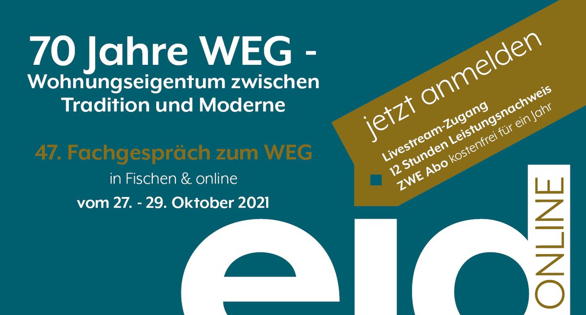 ❗Tickets für das 47. Fachgespräch zum WEG sind ab sofort buchbar❗ Zur Anmeldung: der-eid.de/fachforen

#WEG2021Fischen #70JahreWEG #immobilienwirtschaft #Fischen #WEG