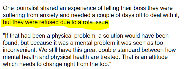 I know I'm coming late to this <a href="/journalismnews/">JournalismUK</a> piece on <a href="/takeanewsbreak/">newsbreak</a> (had it saved on my to-read list for a LONG time) but this is really sad... and not ok (and true that a solution probably would have been found if it was physical health): journalism.co.uk/news/newsroom-…