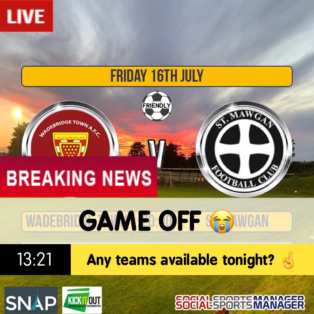 Unfortunately it is GAME OFF again tonight! 😭 We send all our best wishes to our friends at <a href="/StMawganFC/">St Mawgan FC</a> in these difficult times. 

Opportunity for any team available tonight as we have pitch, ref, drinks and team available? 🤞

<a href="/swpleague/">WALTER C. PARSON PENINSULA LEAGUE</a> <a href="/swsportsnews/">South West Sports News</a> #pleasehelpus