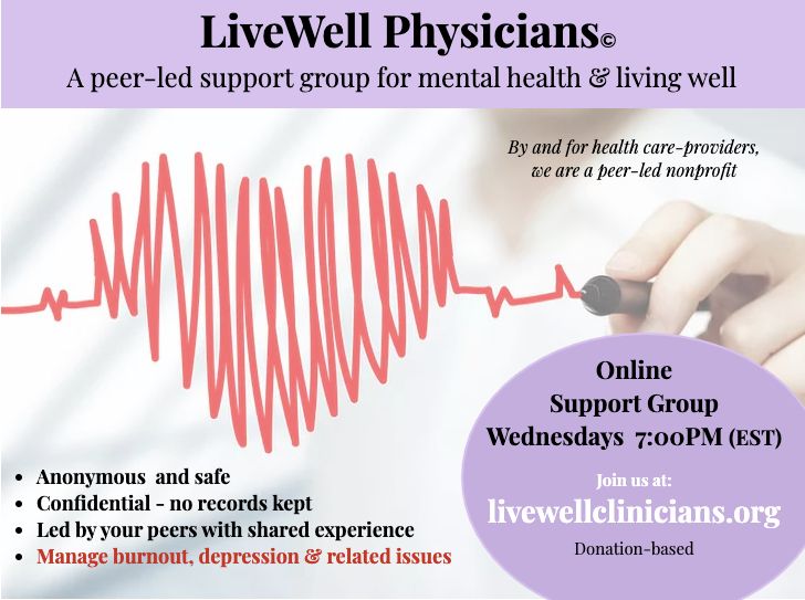 ms_weinstein's tweet image. ATTN: PHYSICIANS
Join us every Wednesday evening at 7:00pm (EST)
#burnout #depression 
Sign up at : 

buff.ly/2ZFwBjU livewellclinicians.org/physicians-sup…