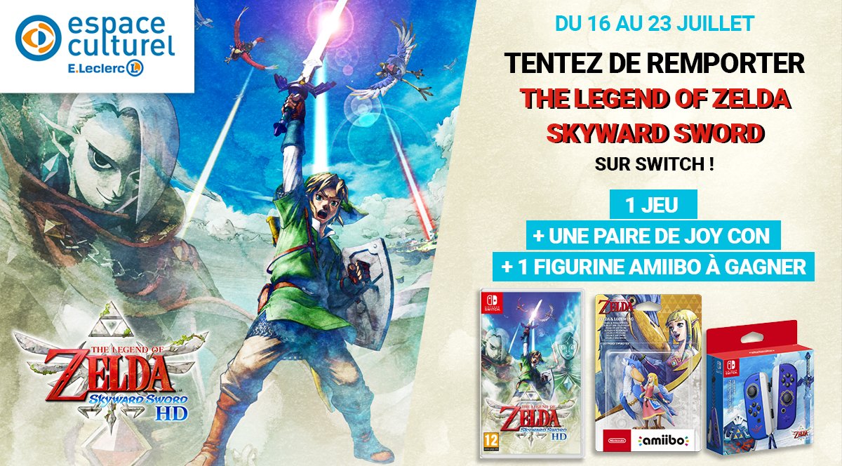 Il revient encore plus beau qu'avant ! 😍
(Re)découvrez le splendide #TheLegendofZeldaSkywardSwordHD sur #Switch 
3 gagnants !

Pour participer : RT + Follow <a href="/Leclerc_JV/">E.Leclerc Jeux Vidéo</a> 
TAS le 23.07 ⏲️

Bientôt de nouveau dispo ici▶️bit.ly/3dFxfFl
Règlement▶️bit.ly/3jJUn9y