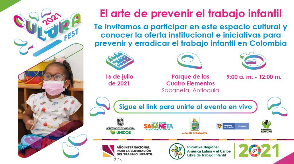 ICBFColombia's tweet photo. Conéctate #CulturaFest, una estrategia para que más niñas, niños y adolescentes del país conozcan la oferta institucional e iniciativas que tiene el Estado para ellos y así fortalecer la prevención y erradicación trabajo infantil en Colombia: 👉🏽 https://t.co/z64qQHhZTw https://t.co/y6mAnkZfVz