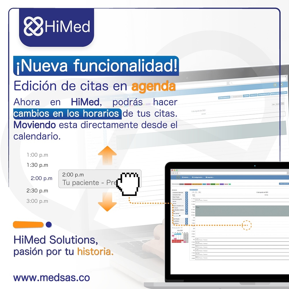 himedweb's tweet photo. ¡Nueva funcionalidad! 👩‍⚕👨‍⚕
¡Edición de citas con función de arrastre!

Ahora desde HiMed podrás editar tus citas o ampliarles el tiempo, usando la función de arrastre y moviendo esta directamente desde el calendario.

¡HiMed Solutions,
pasión por tu historia! 🧡💙 https://t.co/BYb6b3yXeV