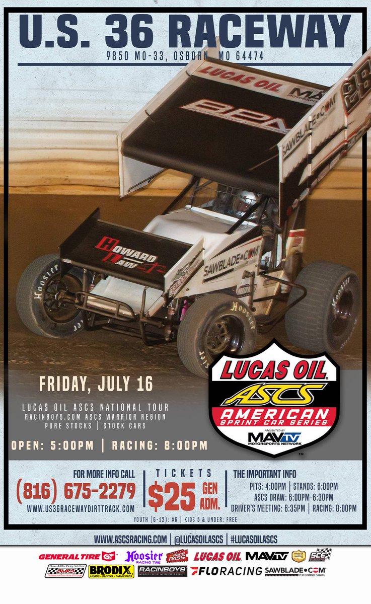 ASCSRacing's tweet photo. RACEDAY >> U.S. 36 Raceway
#LucasOilASCS vs #ASCSWarrior
Pits Gate: 4:00 P.M.
Grandstands: 6:00 P.M.
Draw: 6:00 P.M. – 6:30 P.M.
Driver’s Meeting: 6:35 P.M.
Racing: 8:00 P.M.
Muffler Rule: Open
RACEceiver: 454.000 https://t.co/rlKgvvmEZQ