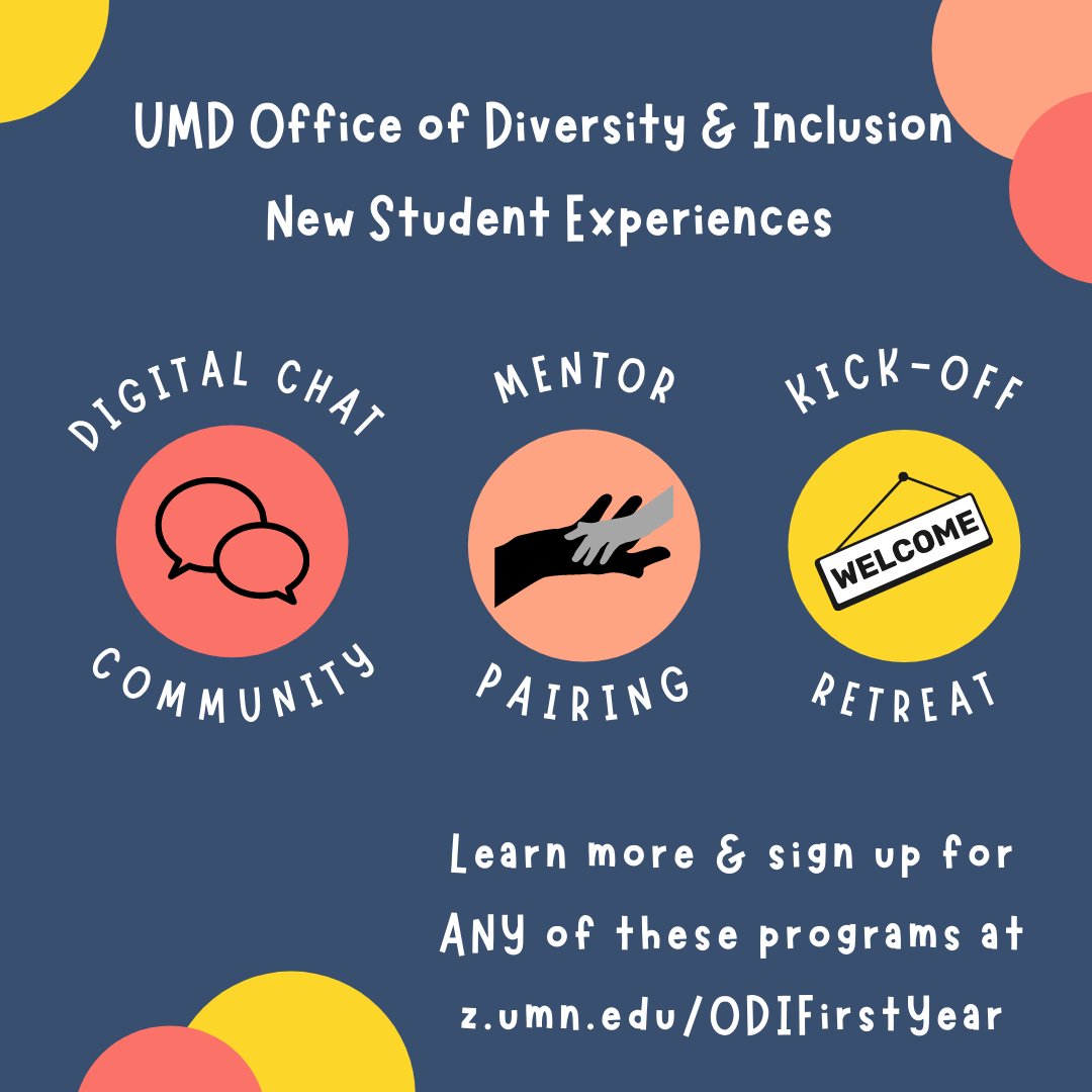 First year students of color &amp; LGBTQ+ students! 

You're invited to ODI's New Student Experience programs! We're offering a digital chat community, mentor pairing for students of color and our ODI Kick-Off welcoming you to campus with tours, activities and more! 

#UMDProud