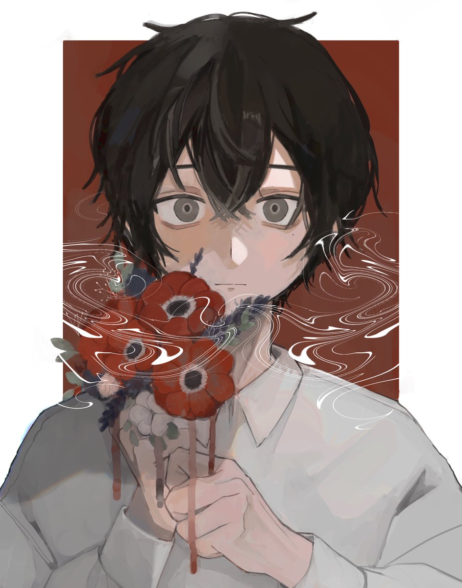 1boy male focus solo flower black hair holding shirt  illustration images