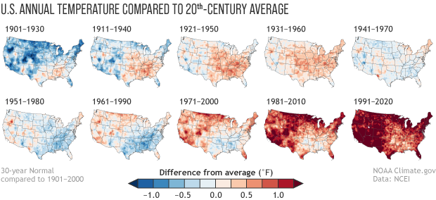 NOAAClimate's tweet photo. Every ten years, NOAA releases an analysis of U.S. weather of the past three decades that have come to represent the new “normals” of our changing climate. Is global warming affecting the Normals? You bet. 
https://t.co/2PxjCYsBaS https://t.co/7TAvAuGqGe