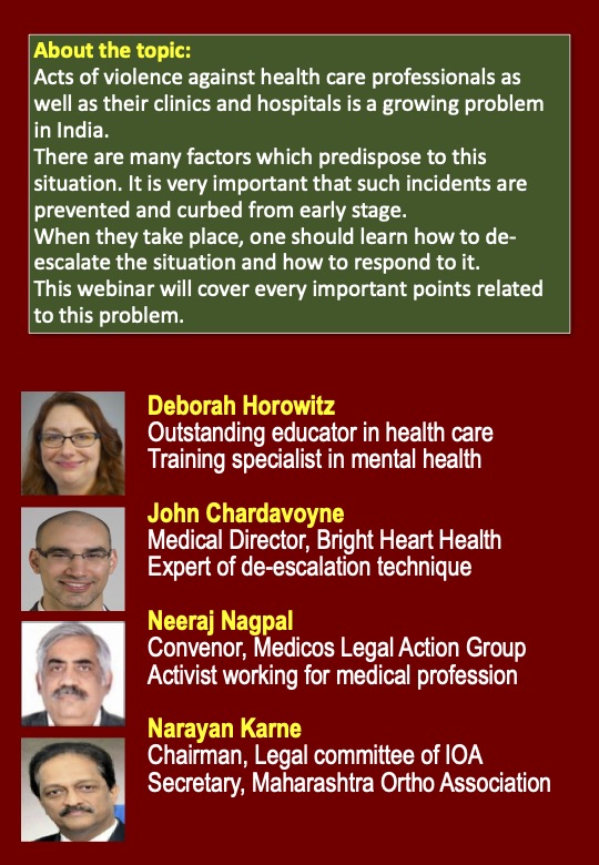 Indian Orthopaedic Association &amp; INDEAR present an insightful webinar on Violence against doctors: How to prevent &amp; How to respond on 17th July, Saturday, 7.30 to 9 pm IST

IOATV: bit.ly/IOATV-IOA-Viol…
or
Ortho TV: bit.ly/OrthoTV-IOA-34