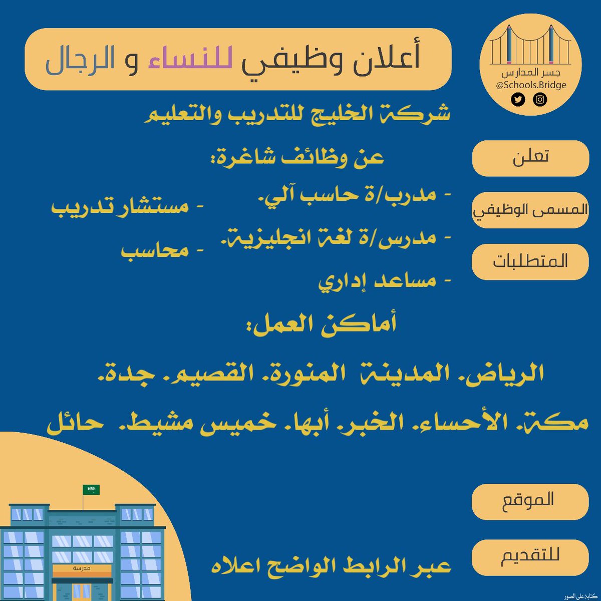 جسر المدارس On Twitter تعلن شركة الخليج للتدريب والتعليم وظائف شاغرة أماكن العمل الرياض المدينةالمنورة القصيم جدة مكة الأحساء الخبر أبها خميس مشيط حائل Alalkhaleej للتقديم Https T Co Ghulv4em2i Https T Co Jh0g1u50p8