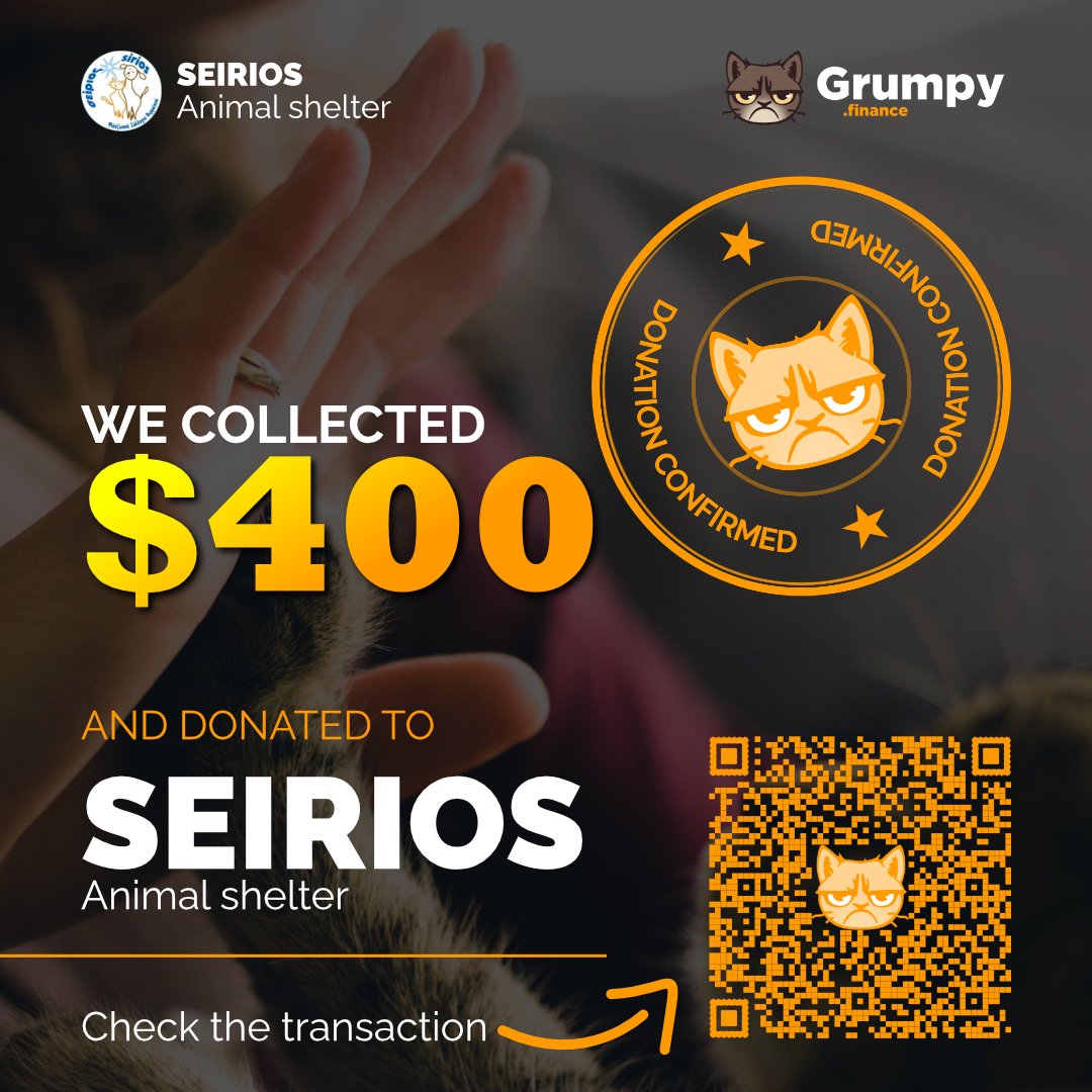 $GRUMPY donation to Seirios Animal shelter.

seiriostrays.gr
x.com/oseirios
instagram.com/oseirios
facebook.com/seirios.strays…

#staygrumpy