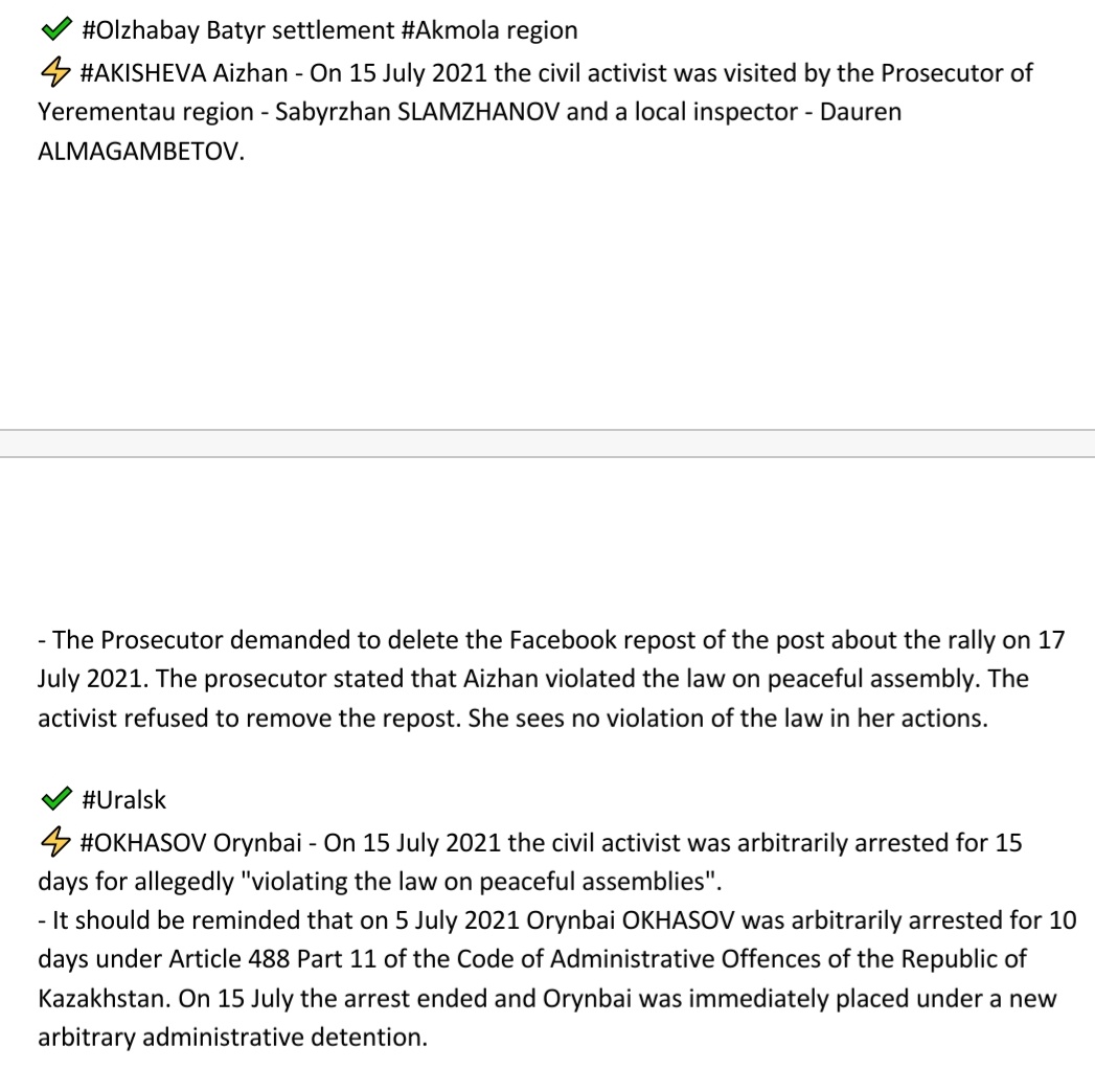 Monitoring of human rights violations as of 15 July 2021:

#ActivistsNotExtremists
#Kazakhstan
#epca #euinkz #eu4CentralAsia 

#PersonalSanctions for #Nazarbayev &amp; #Massimov