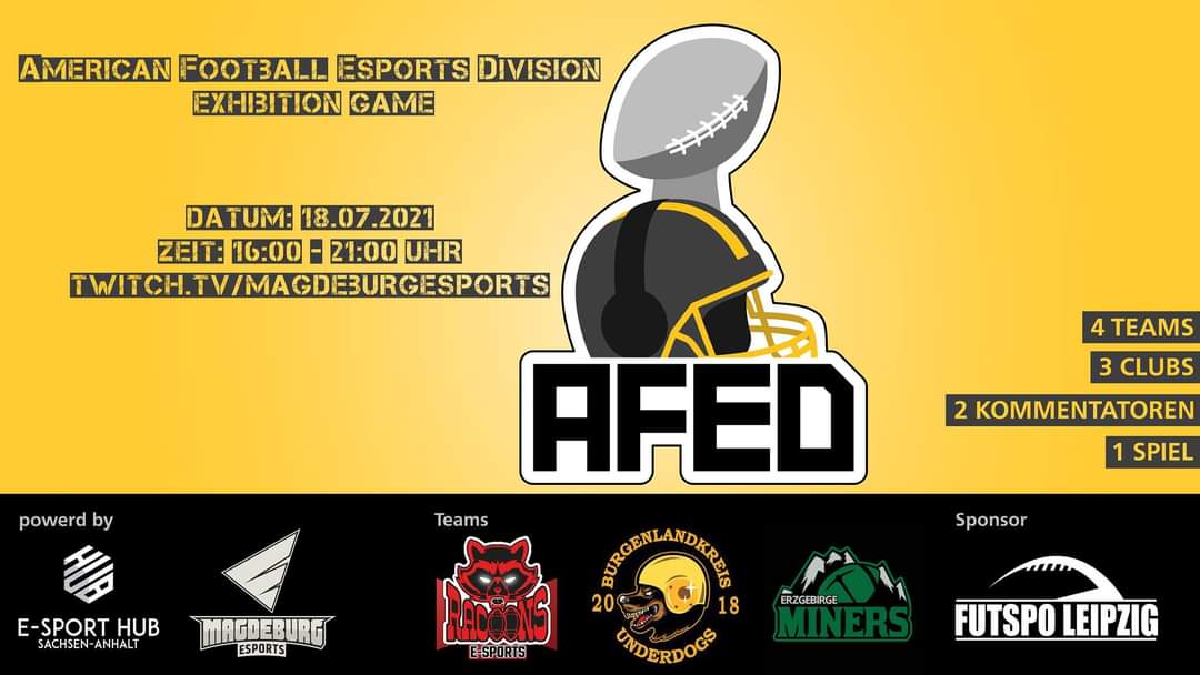 Im Rahmen eines Pilotprojektes mit dem sachsen-anhaltinischen Football findet am kommenden Sonntag ab 16 Uhr auf dem Kanal von <a href="/eSports_MD/">Magdeburg eSports e.V.</a> ein <a href="/EAMaddenNFL/">Madden NFL 26</a> Turnier statt. Mit dabei sind die Burgenlandkreis Underdogs, die Erzgebirge Miners und die Salzland Racoons.