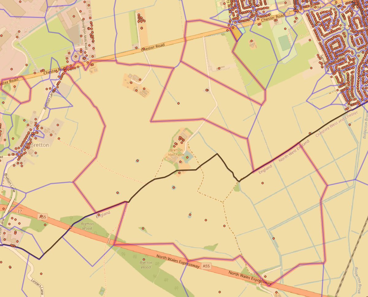 mhl20's tweet photo. @dafyddbach @dracos Based on NSUL, I think CH4 0DF is one of these - one of the addresses of Bretton Hall Farm is over the border in England (UPRN 200000986523). (Oh, I see that @psd has this covered, but hey, I made a picture, so I'll post this anyway :)) https://t.co/EPvdA1Sk0b