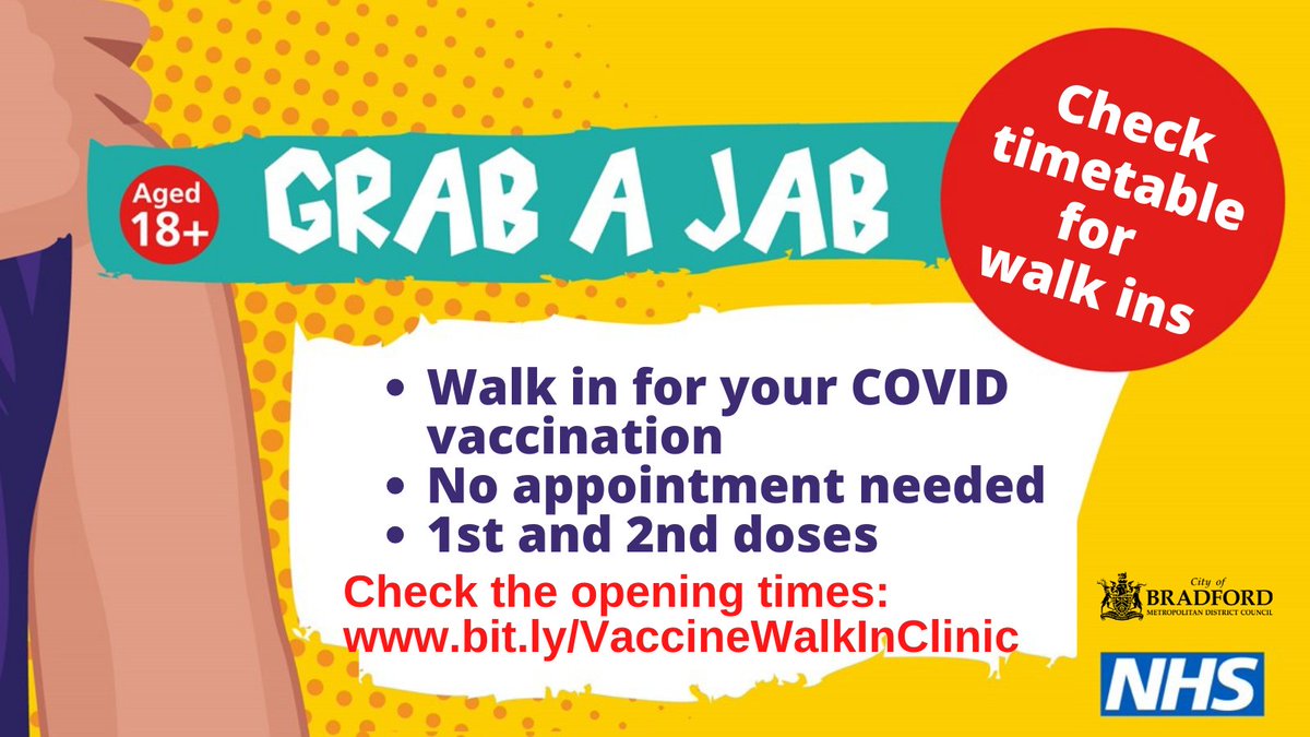 Need your 2nd dose?  #GrabAJab this weekend. #CovidJab #GetBothDoses

🕐 Fri 16 - Mon 19 July
👉 No appointment needed!
👉 Age 18+

All times &amp; locations 👉 bradfordcravenccg.nhs.uk/covid-19-vacci…

Don't just take our word for it - here's Bradford City's 👉  Kian Scales bit.ly/3rcSRhY