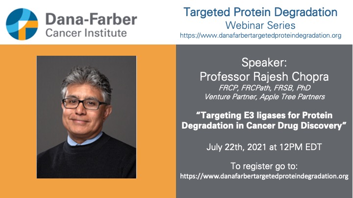 biomiko's tweet image. The final seminar before August Summer Break will take place - July 22th, 12pm EDT - Rajesh Chopra &quot;Targeting E3 ligases for Protein Degradation in Cancer Drug Discovery&quot;. This seminar will not be recorded. #AppleTreePartners @artiospharma @MonteRosaTx  …afarbertargetedproteindegradation.org