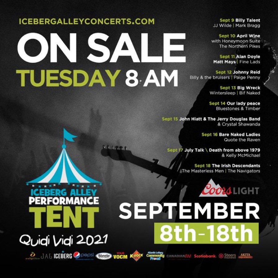 Looking forward to playing at @icebergalleyNL in St. John’s on Sept 13th! Tickets go on sale Tuesday (July 20th) at 8 am at icebergalleyconcerts.com