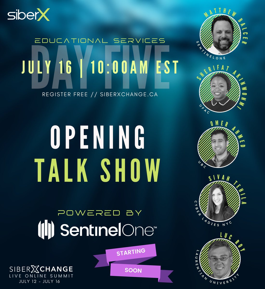 siberxorg's tweet image. Welcome to day five of siberXchange 3.0, The Challenge Statement Edition! Powered by @SentinelOne, the Opening Talkshow will be starting in just 15 minutes!

See you there in 15 minutes! Register for free at siberxchange.ca!

#WeAreCyber #siberxchange #cybersecurity