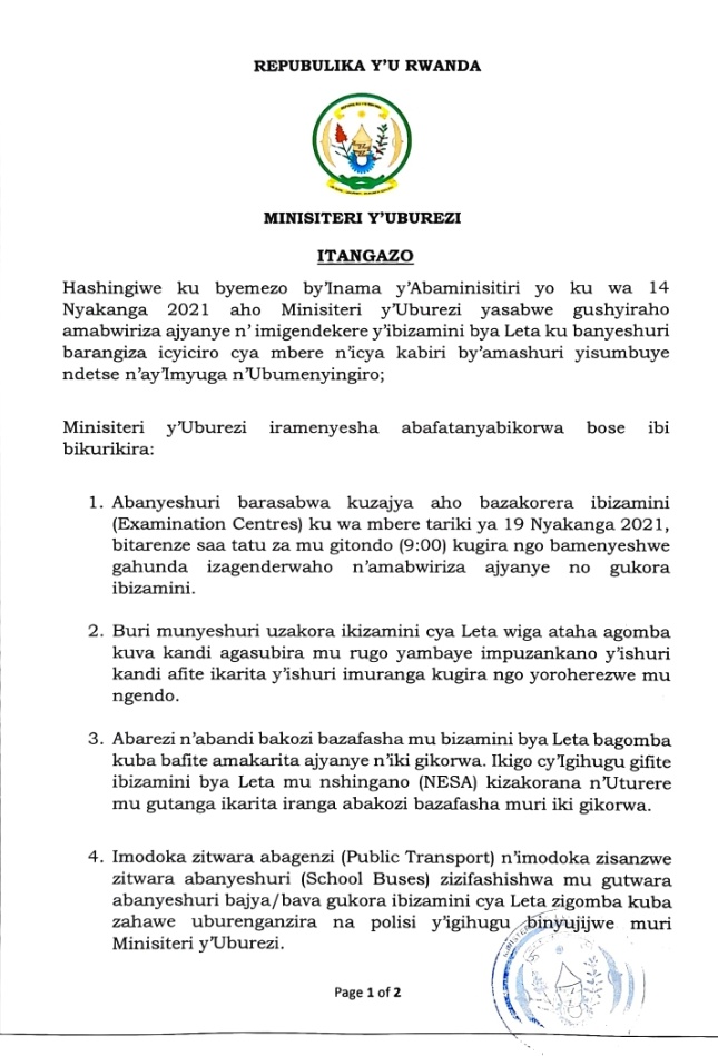 Itangazo Rya Mineduc Ku Mabwiriza Ajyanye N Ikorwa Ry Ibizamini Bya Leta Ku Banyeshuri Barangiza Icyiciro Cya Mbere N Icya Kabiri By Amashuri Yisumbuye Accounting Class Rwanda