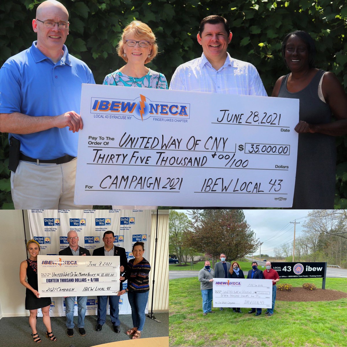 IBEW Local 43 delivering checks on behalf of its membership to United Ways in Central NY, the Valley and Greater Utica Area, and Greater Oswego County.
Thank You Brothers &amp; Sisters for giving back to the communities we live and work in!
#IBEWLocal43OnTheMove!
#UnionStrong💪🏻🇺🇸