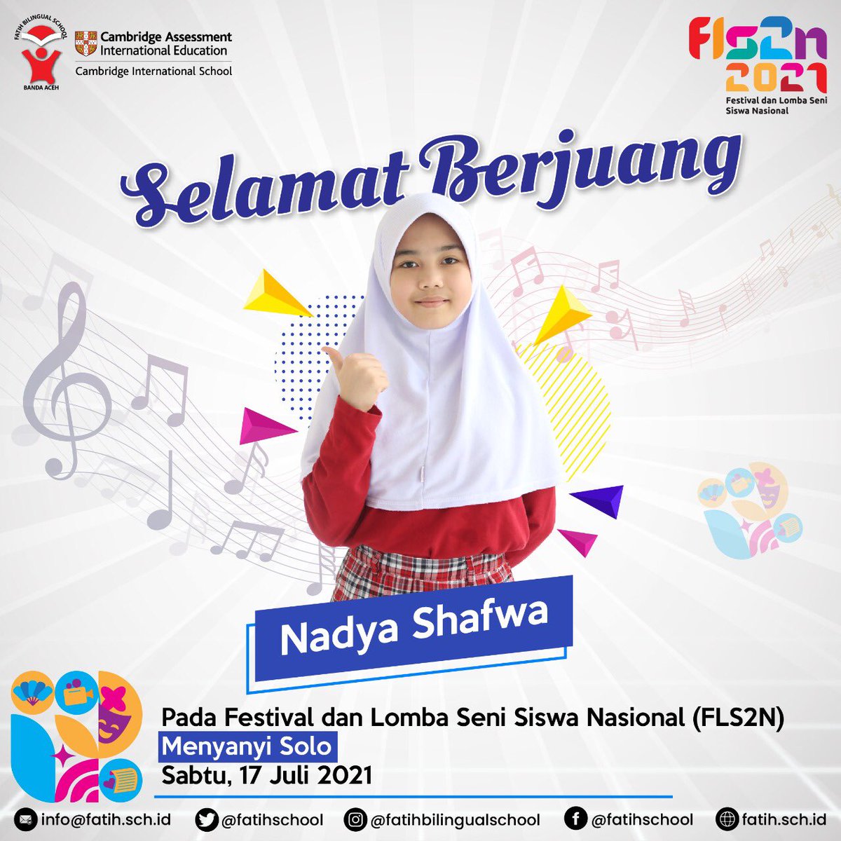 fatihschool's tweet photo. Selamat Berjuang 
NADYA SHAFWA, perwakilan SD Fatih Bilingual School pada Festival dan Lomba Seni Siswa Nasional (FLS2N) 
Menyanyi Solo
Sabtu, 17 Juli 2021 

#fatihbilingualschool #FBS #school #studentlife #fls2n #selamatberjuang https://t.co/uDrnhVWB9U