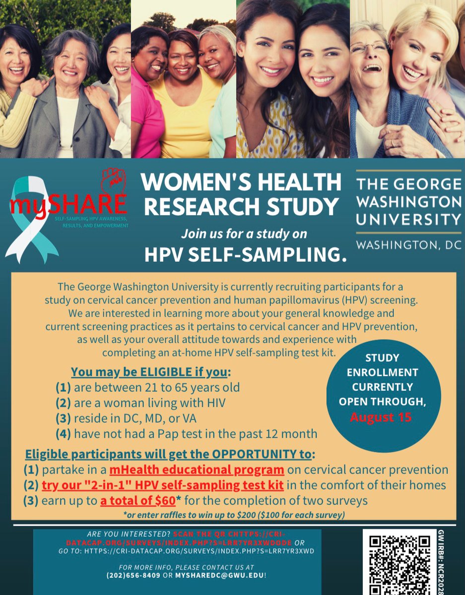 MySHAREstudy's tweet photo. We’re looking for women 21+, living with #HIV located in #DC #MD or #VA to complete surveys about HPV and the opportunity to try the HPV self-sampling kit! If you refer a participant, you receive $5 for every eligible referral. Enroll by August 15 https://t.co/d3kF5iWxn9