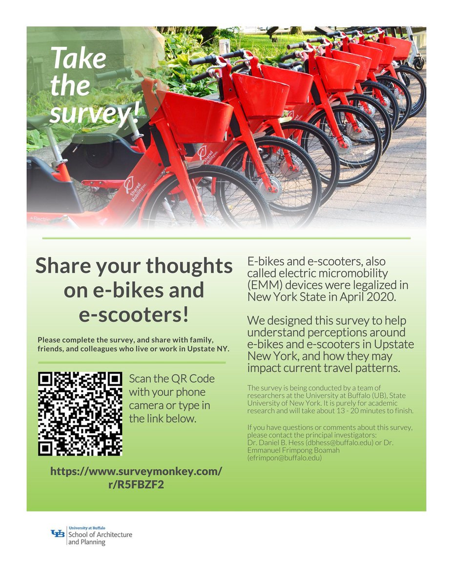 Researchers from UB's Department of Urban and Regional Planning want to understand residents’ current travel behaviors and their perceptions around e-bikes and e-scooters in Upstate New York. 

Take the survey: surveymonkey.com/r/R5FBZF2