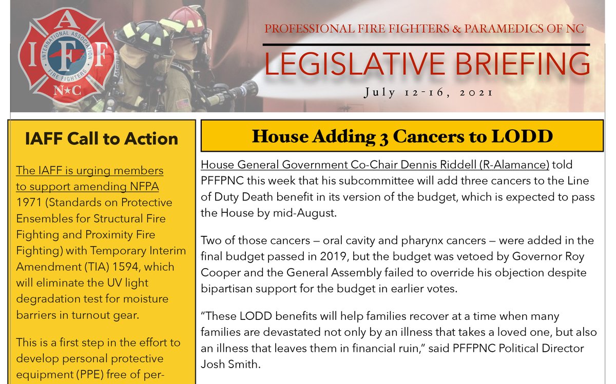 PFFPNC's tweet photo. The PFFPNC newsletter for July 12-16 includes news that the House plans to add 3 cancers to the line-of-duty-death benefit in its budget proposal. We also give an overview of the budget process.

READ: https://t.co/NufyiBtnFH https://t.co/m2vkqtkE4Q