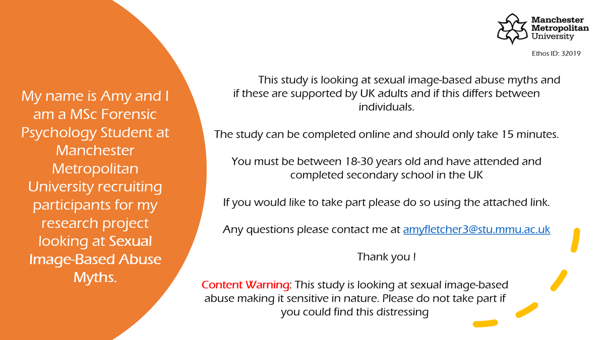 AmyFletcherFP's tweet photo. !!PARTICIPANTS NEEDED!!
I am currently recruiting participants 18-30 for my masters looking at sexual-image based abuse myths. It should take no longer than 15 minutes
Thank you 
https://t.co/BsplCkrmoM
@MMUForensicPsyc @mmupsychstudent @MMU_Research https://t.co/ap2OiqAfds