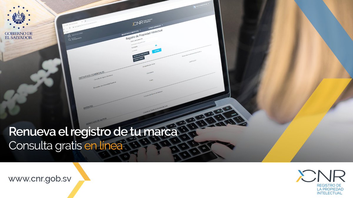 CNRSV's tweet image. ¿Tienes registrada tu marca en nuestro Registro de la Propiedad Intelectual, y no recuerdas cuándo te corresponde renovarla? Consulta gratis en el siguiente link e.cnr.gob.sv/ServiciosOL/ex…