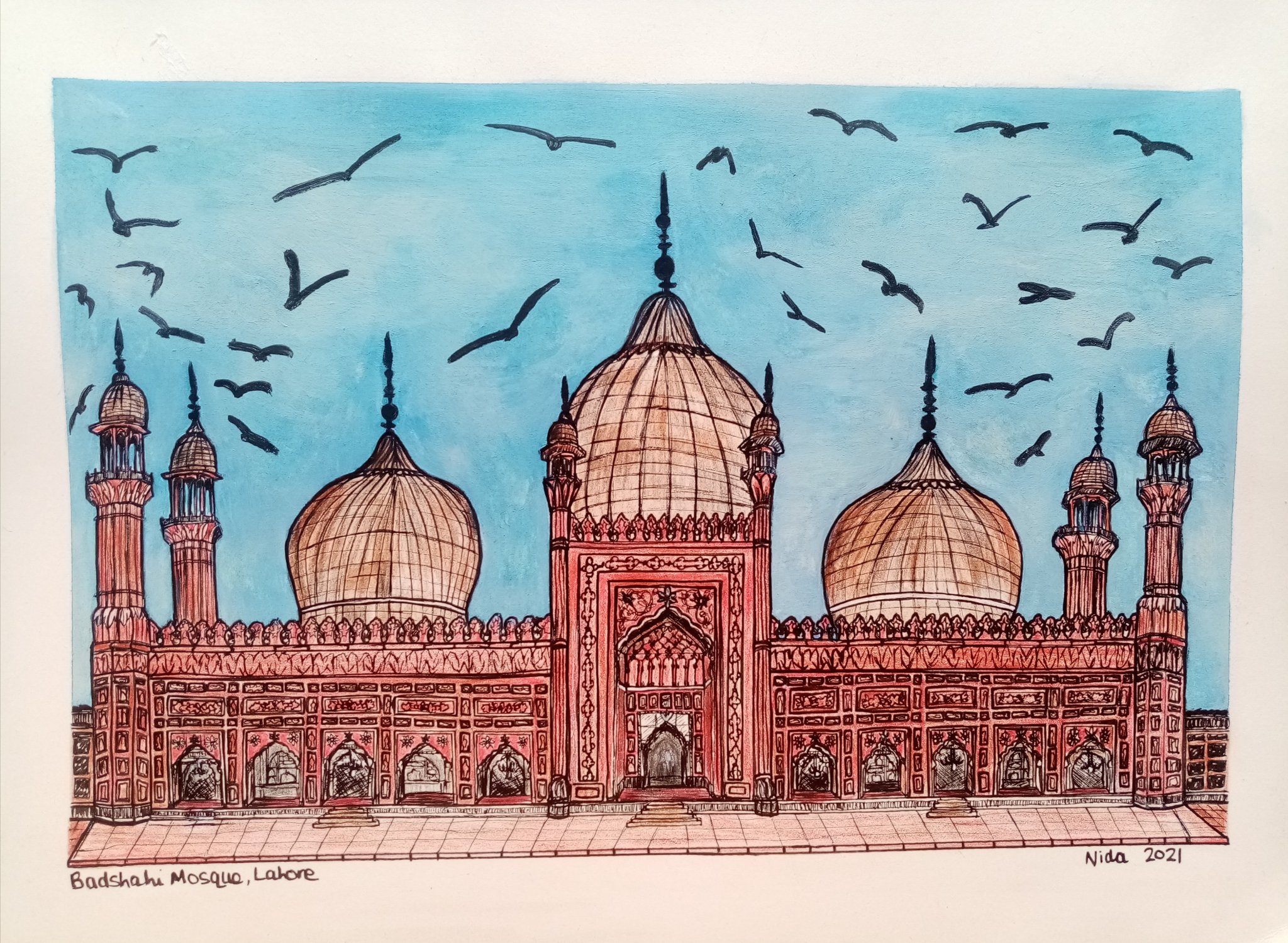 Nida on Twitter: "Latest drawing: Badshahi Mosque, Lahore! The famous  #BadshahiMosque was built around 1673, during the reign of Emperor  Aurangzeb. It is known for its red sandstone exterior and marble interior.