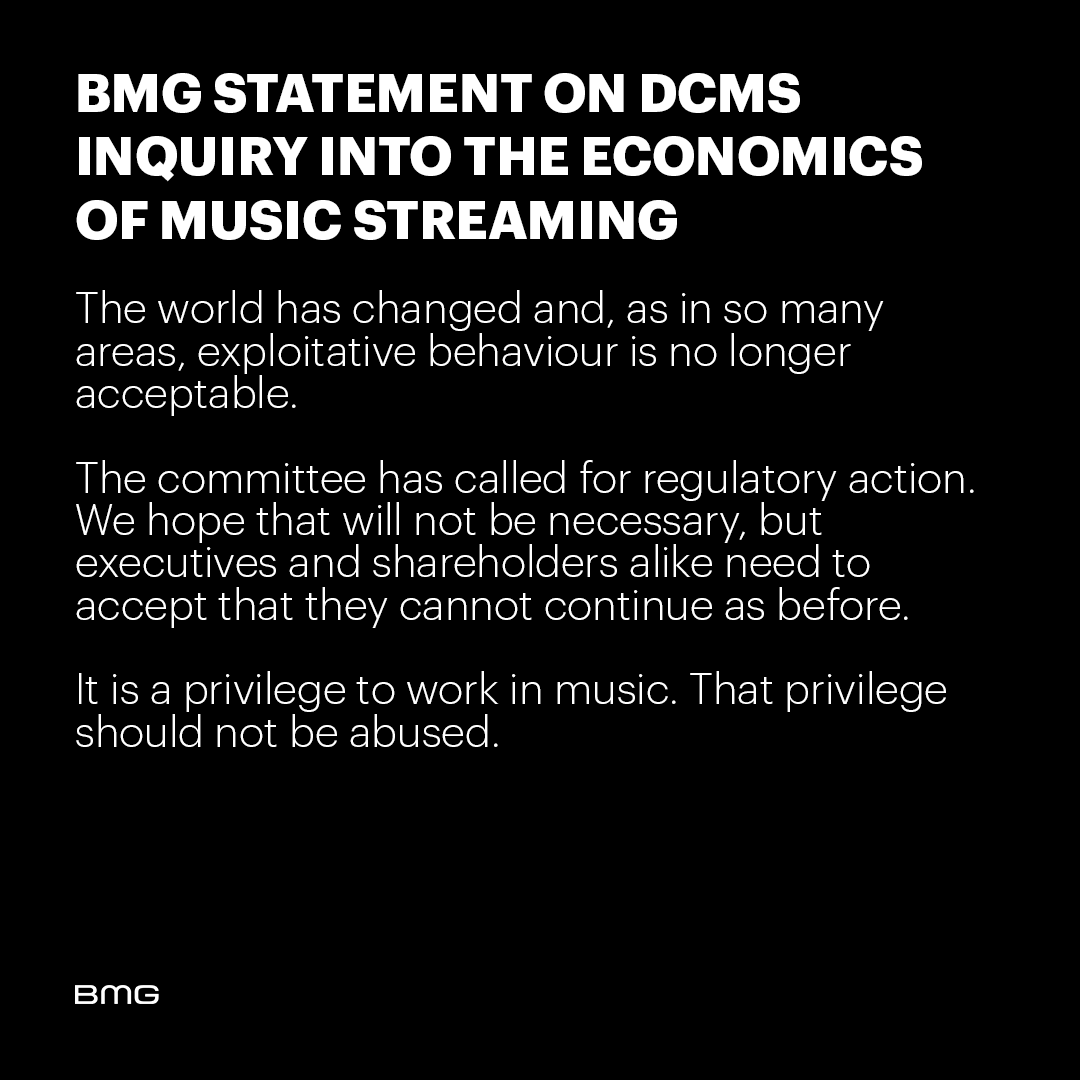 BMG's tweet photo. We stand ready to work with like minds to ensure the music industry works for the people who actually make the music. 

Read BMG's statement  on DCMS Inquiry into the Economics of Music Streaming here: https://t.co/eCaXasS3QL https://t.co/F5MK5hTH0D