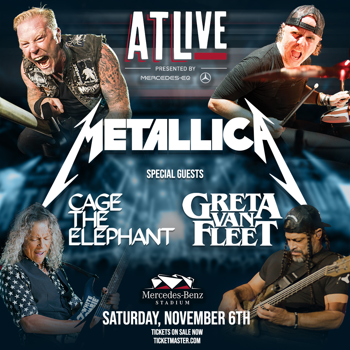 Metallica's tweet photo. Tickets for #ATLive are on sale now! Join us along with special guests @CageTheElephant and @GretaVanFleet on Saturday, November 6, 2021 at Mercedes-Benz Stadium! 🎫 https://t.co/3Nhyx1nSlY https://t.co/kN7GzrIqbv