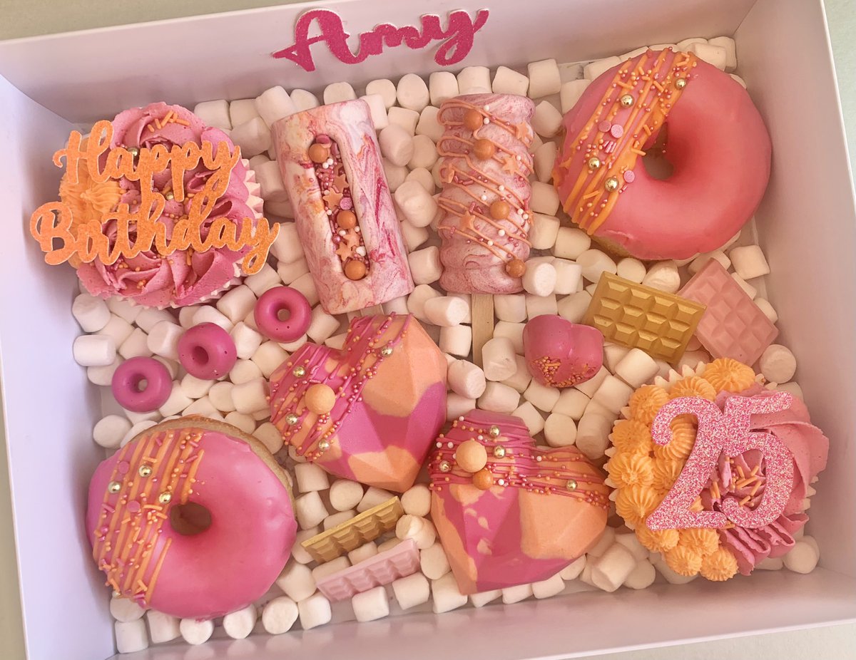 MHBakery's tweet image. Treat box for a special birthday girl. Filled with lots of yummy sweet things. Cakesicles, cupcakes, donut cakes, geohearts &amp;amp; chocolate #treatbox #cake #birthdaygirl