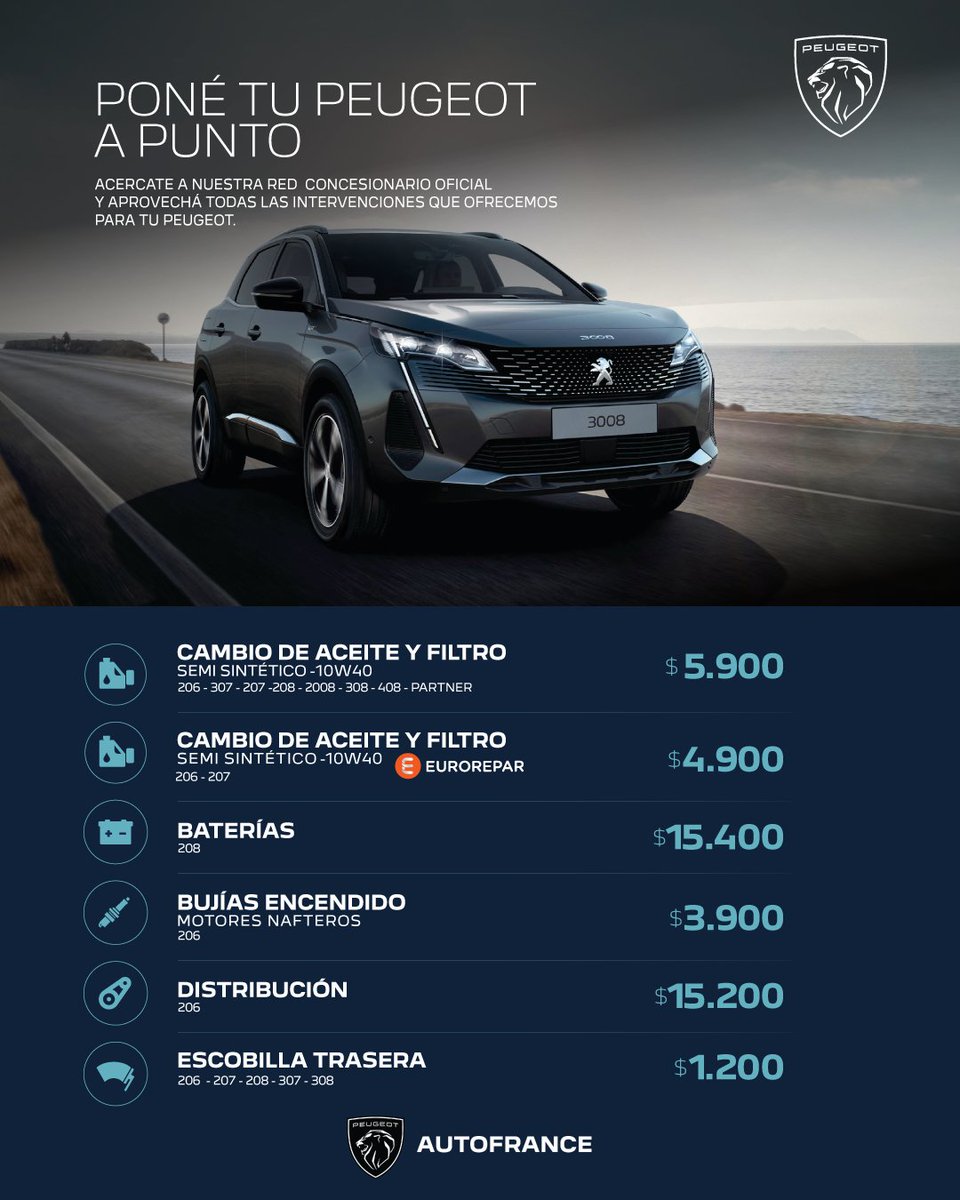Autofrance Peugeot (@autofrancearg) on Twitter photo Poné tu #Peugeot a punto en nuestro #Taller de #Postventa en
<a href="/autofrancearg/">Autofrance Peugeot</a>
¡Aprovechá todas las intervenciones que ofrecemos para tu #Peugeot!
.
#Autofrance #Peugeot #postventa #concesionariooficial #service #serviceoficial Poné tu #Peugeot a punto en nuestro #Taller de #Postventa en
<a href="/autofrancearg/">Autofrance Peugeot</a>
¡Aprovechá todas las intervenciones que ofrecemos para tu #Peugeot!
.
#Autofrance #Peugeot #postventa #concesionariooficial #service #serviceoficial