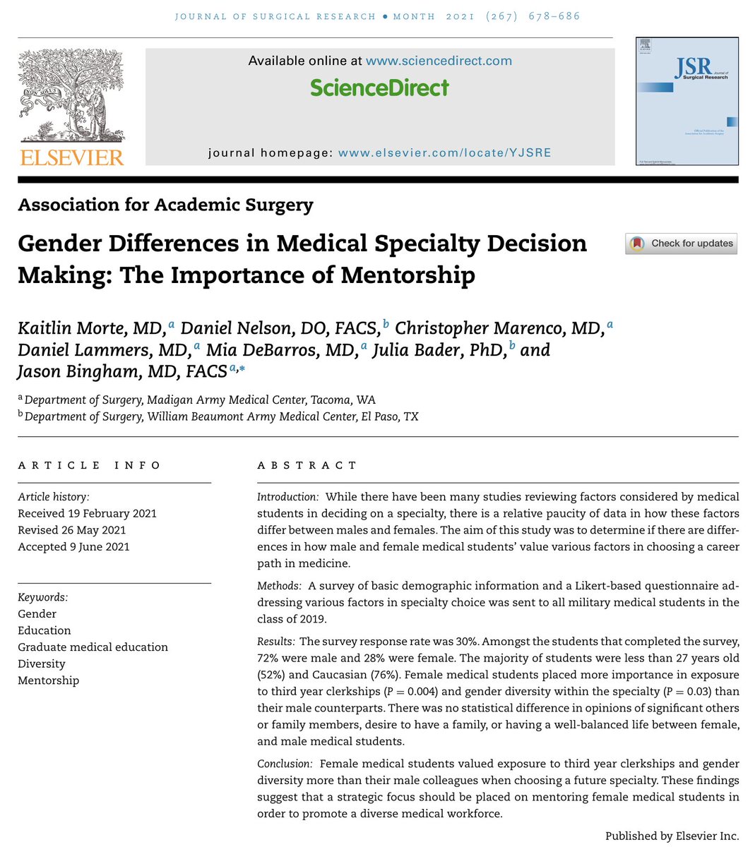 #SCIENCEFRIDAY

🔥 More insightful work out of <a href="/MadiganSurgery/">MadiganSurgery</a> and @BrookeArmyMed! 🔥

🌟 ALL-STAR author list: @KaitlinMorte, <a href="/BinghamMd/">Jason Bingham</a>, <a href="/DannyLammersMD/">Danny Lammers</a>, @usarmydoc24, and colleagues! 🌟

🧐 Exploration of the influence of gender on the choice of specialty in medical students