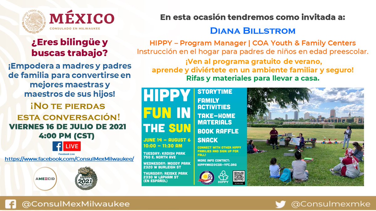 ConsulMexMKE's tweet photo. 📌❗️#HOY: tenemos una cita a las 4:00 PM ❗️
#EventoVirtual sobre #empleos para #empoderar a madres y padres de niños en edad preescolar (de 2 a 5 años), a través de visitas semanales en el hogar.
#hippyprogram * #empoderamientohumano * #EquidadEducativa https://t.co/RUywnNasbz