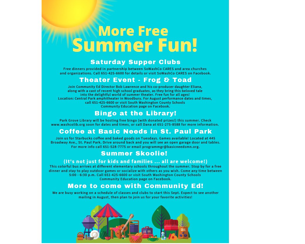 Residents Age 50+ Picnic at Hamlet Park Cottage Grove, July 28th, 11:30-1 pm, RSVP ce.sowashco.org