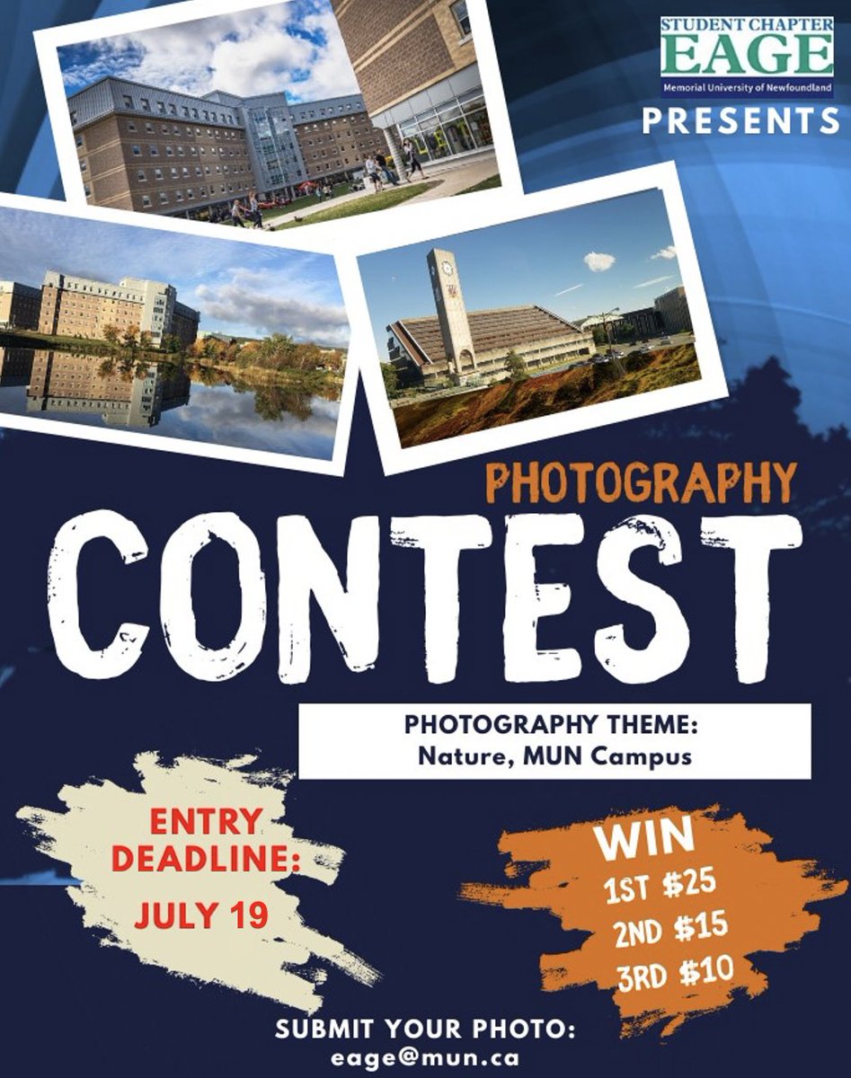 eage_mun's tweet photo. Hello, MUN students @MUN_Students @gradstudies @MemorialUAlumni! We postponed the EAGE photography contest to next Monday (JULY 19)! Enjoy the outdoors and take some beautiful photos of nature or our campus! 
Visit https://t.co/4jGqibWcUs for more info. https://t.co/JvNrS0pFMB