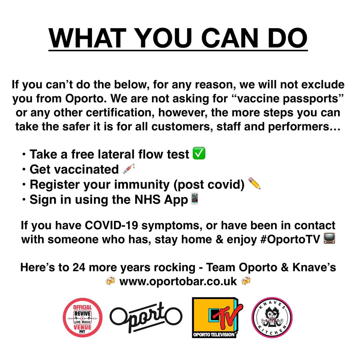 Ahead of Monday's relaxing of lockdown &amp; the return of gigs, DJs &amp; more we wanted to share how we see the good ship sailing safely until more guidance comes ✅ 

For more info &amp; to get in touch visit: oportobar.co.uk/contact 👀 

Oporto’s back baby 🍻🎉