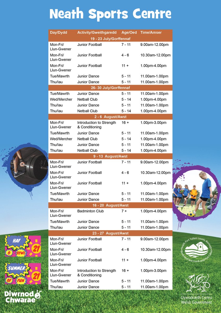 Exciting News 😁

Summer of Fun 21 is coming to Neath Sports Centre starting Monday 19th July and it's absolutely FREE!! 🧡

Booking is now open, online via our app or by calling us on 08000 43 43 43 to set up your child's free account.  

#SummerofFun21 #SummerActivities #NSC
