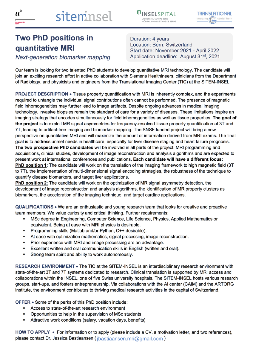 Jessica Bastiaansen (@jessica_b_) on Twitter photo #hiring 👉Not one but TWO fully funded #PhDposition-s on <a href="/quantitativeMRI/">quantitative MRI</a> are available in my lab. Join our project on next-generation biomarker mapping for staging liver disease and heart failure prognosis.
Please RT!
<a href="/unibern/">Universität Bern</a> <a href="/inselgruppe/">Insel Gruppe</a> #siteminsel
#whycmr #mri #hiring 👉Not one but TWO fully funded #PhDposition-s on <a href="/quantitativeMRI/">quantitative MRI</a> are available in my lab. Join our project on next-generation biomarker mapping for staging liver disease and heart failure prognosis.
Please RT!
<a href="/unibern/">Universität Bern</a> <a href="/inselgruppe/">Insel Gruppe</a> #siteminsel
#whycmr #mri