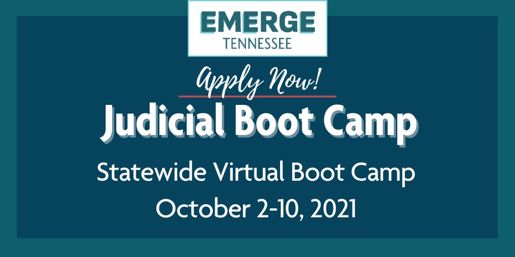 EmergeTN's tweet photo. Emerge Tennessee will host our inaugural Judicial Boot Camp from October 2-10, 2021.  This is an intensive training designed exclusively for women candidates running for judge.

Click for more info: https://t.co/8Jtw7AXs0q

Please click here to apply: https://t.co/R5Lrebxd24 https://t.co/8CdTcTyh4H