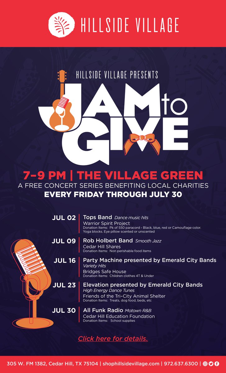 popcornstop's tweet photo. Looking for FREE live entertainment tonight? Every Friday at Hillside Village shopping center in Cedar Hill, enjoy live entertainment starting at 7pm. View the attachment for details! https://t.co/DEgAokVtGb