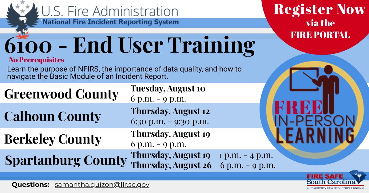 SCStateFire's tweet photo. Sign up for one of the NFIRS offerings throughout August in four counties! https://t.co/JwwwoHxDWH