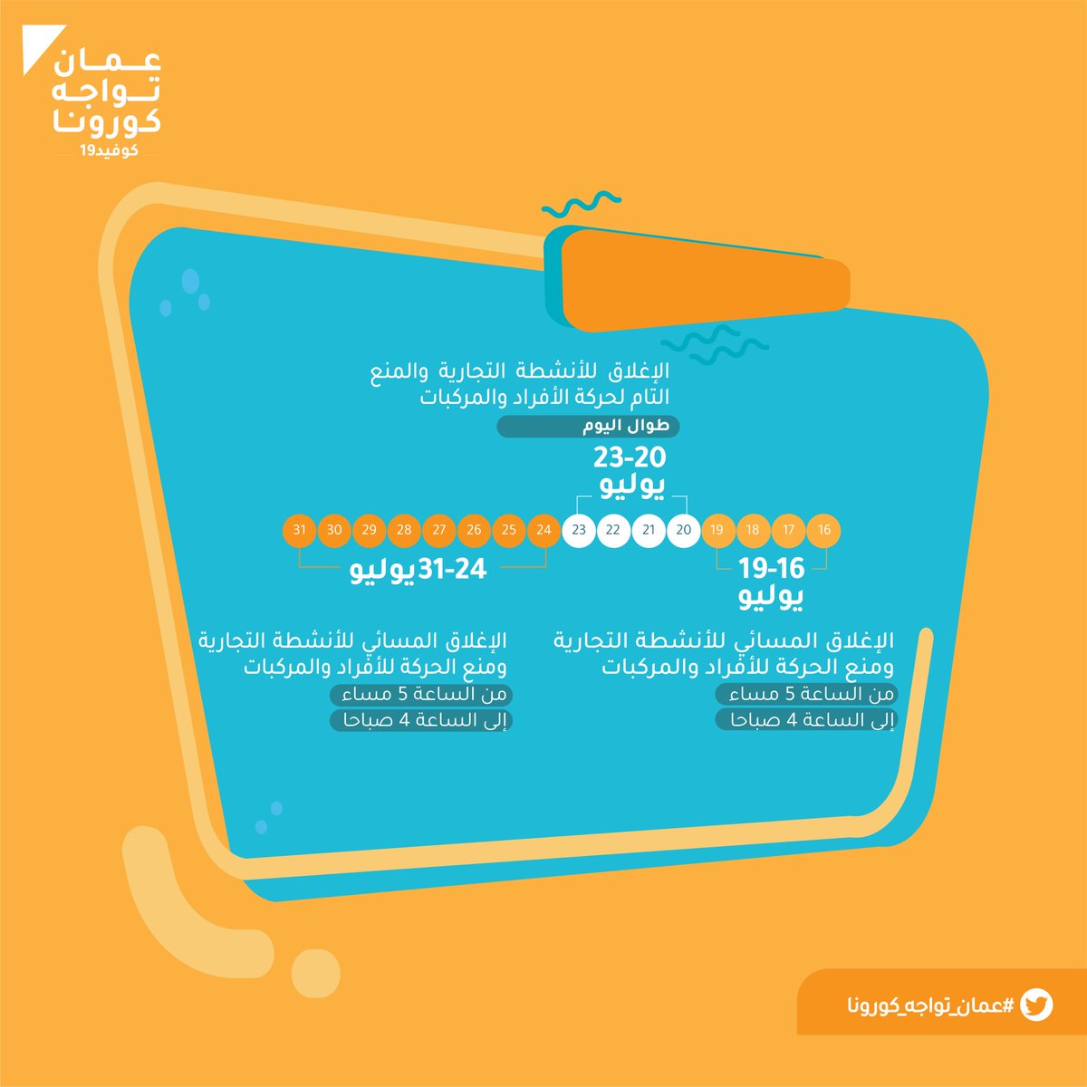 يستمر الإغلاق المسائي للأنشطة التجارية ومنع حركة الأفراد والمركبات من الساعة ٥م إلى ٤ص حتى نهاية يوليو، فيما عدا فترة أيام عيد الأضحى (20-23 يوليو) حيث يُطبق الإغلاق التام للأنشطة التجارية ومنع حركة الأفراد والمركبات طوال اليوم. 

#عمان_تواجه_كورونا