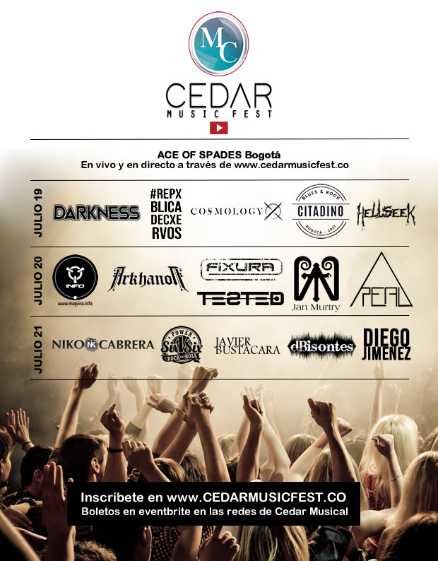 Six V SIX 

Presente en el Cedar Music Fest

Miércoles 21 de julio desde las 7.30 PM en Ace of Spades

Entrada gratuita con aforo limitado.

Descarga tus tickets desde

eventbrite.com/e/cedar-music-…

O sigue la transmisión en vivo desde

cedarmusicfest.co

>>> Keep on Rocking <<<