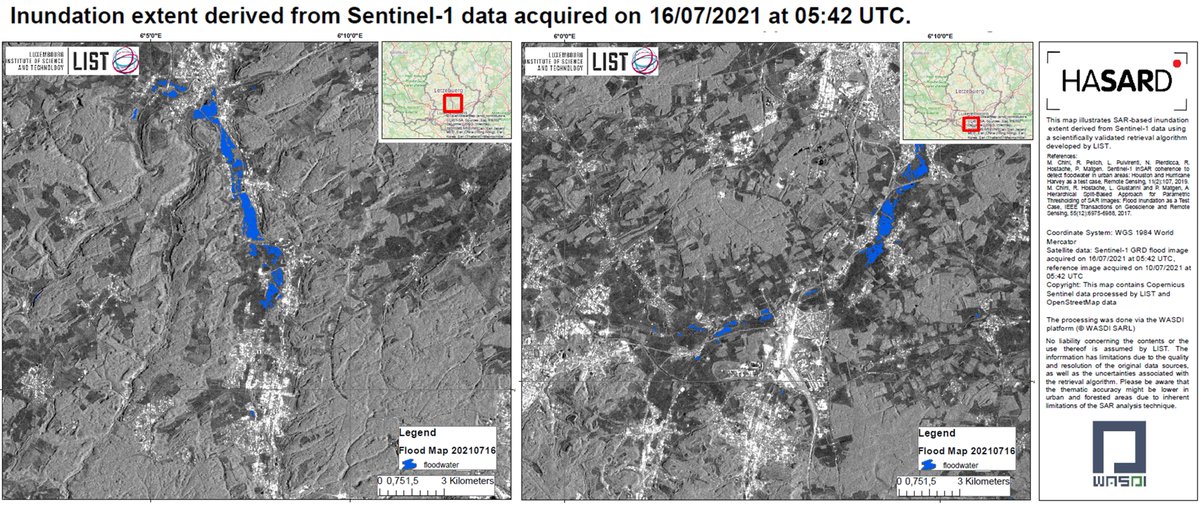 Satellite image showing the flood extent around Mersch and Bettembourg on the morning of July 16th, 2021